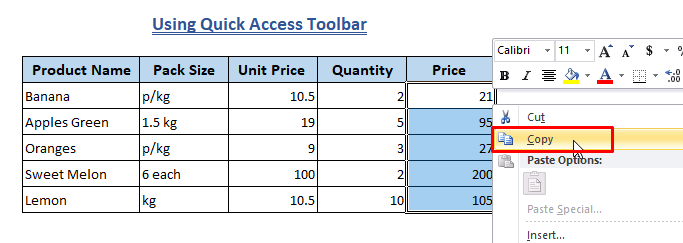 Clear Formula Using Quick Access Toolbar-Cell with Formulas are Copied