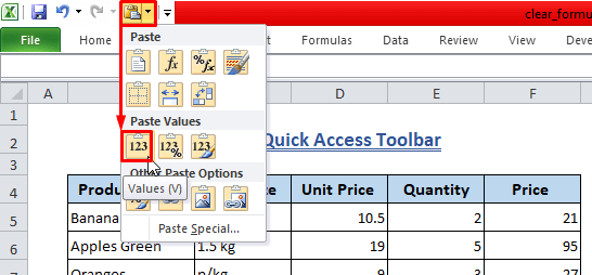 Clear Formula Using Quick Access Toolbar-Paste as Values