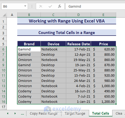 Selecting range B6:E16 to count total cells with VBA