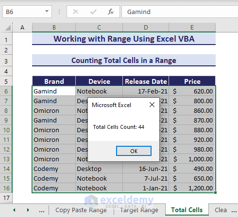 Total number of cells in a range found using VBA range object