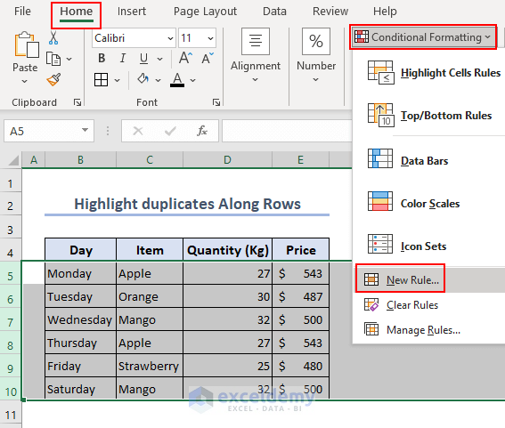 Highlight duplicates in Excel row wise