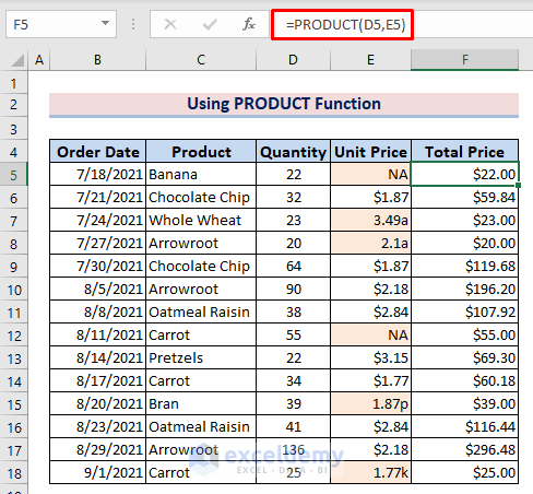 4-Using PRODUCT function to ignore VALUE error