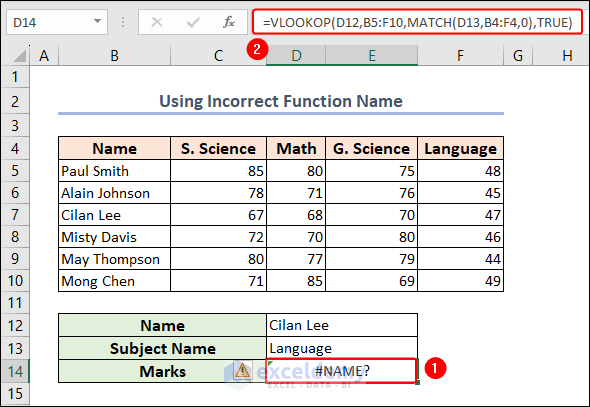 incorrect function name resulting name error in Excel