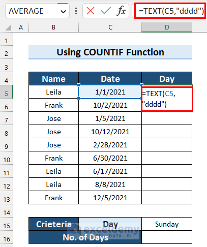 Using TEXT Function to Determine Weekday