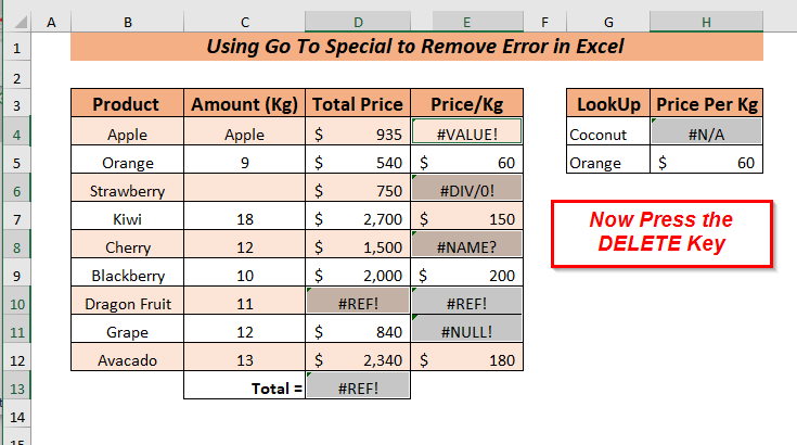 Using Go To Special to Remove Error