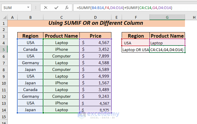 Using Multiple SUMIF with OR on Different Column