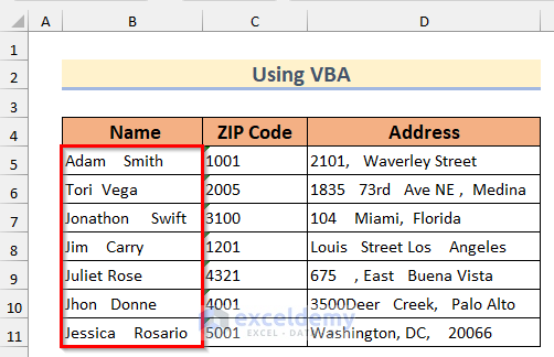 Name column after removing spaces using VBA
