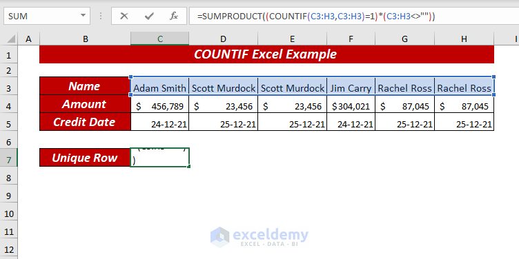 Count Unique Values in a Row Example