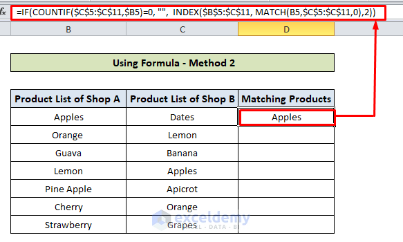 Align Matching Values in Two Columns in Excel using formula