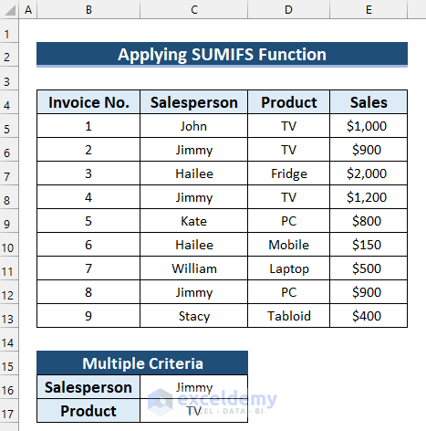 Dataset for Applying SUMIFS Function