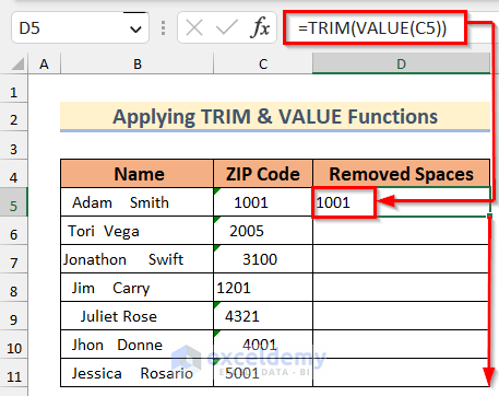 Using TRIM and VALUE Functions to remove spaces
