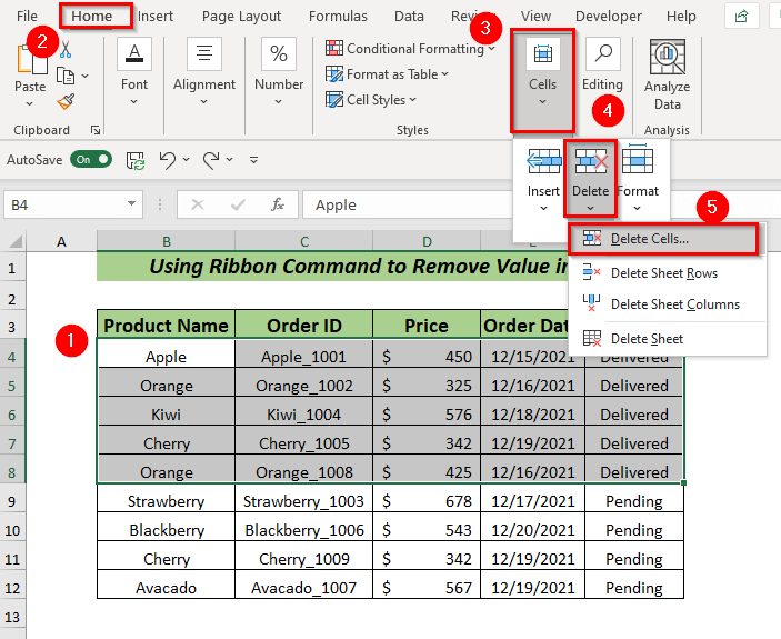 Delete Using Ribbon with Sort to Remove Value in Excel
