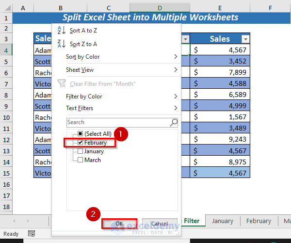 Using Filter and Copy to Split Excel Sheet into Multiple Worksheets