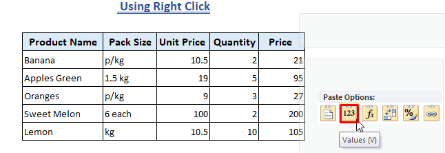 Clear Formula from Excel Using Right Click-Paste as Values
