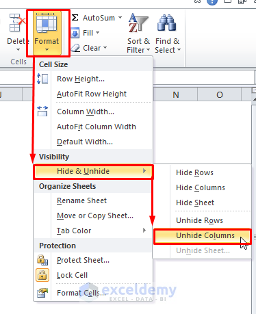 Unhide Columns in Excel using Home Tab