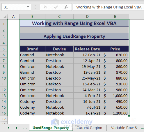 Applying Usedrange Property in Excel