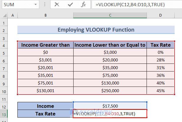Employing VLOOKUP Function to lookup for a value in a range in Excel