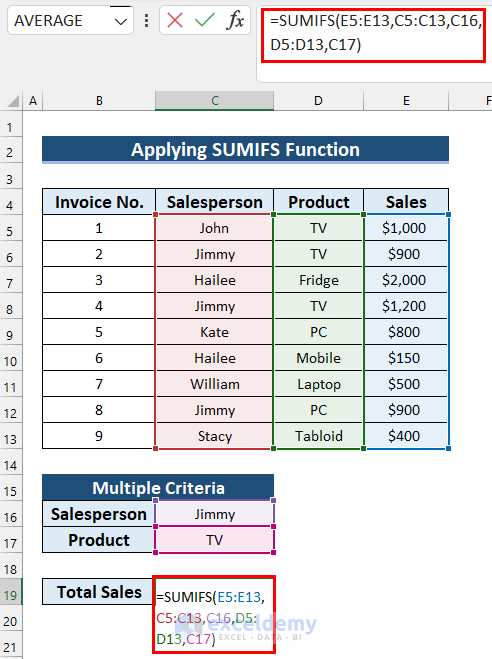 Applying SUMIFS Function to Get Summation Based on Multiple Criteria in Excel