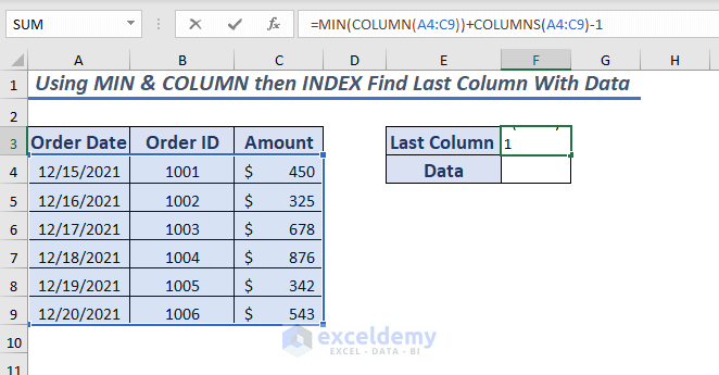 Using MIN & COLUMN then INDEX Function to Find Last Column With Data