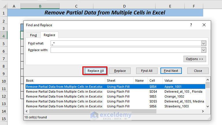 Using Find & Replace to Remove Partial Data from Multiple Cells