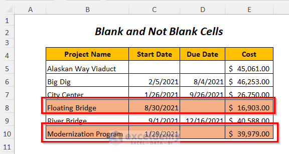 blank and non-blank cells