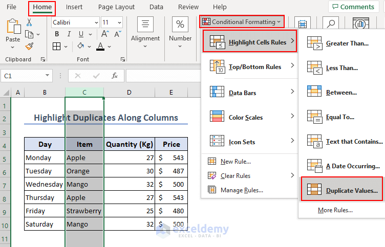 Selecting column and using conditional formatting