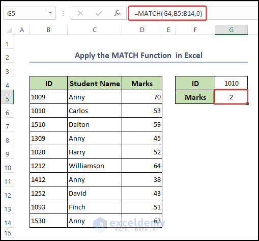 Match Function to Select Specific data in Excel