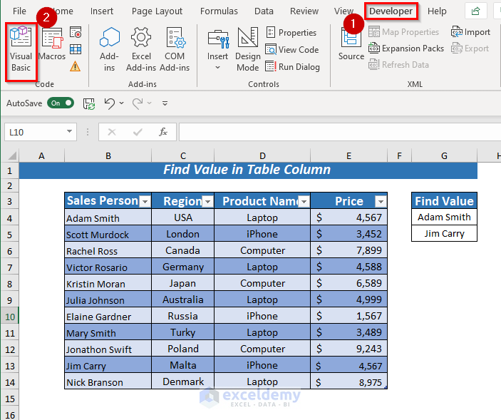 Find Value in Table Column using VBA
