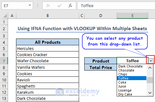 Applied Data Validation to select a product