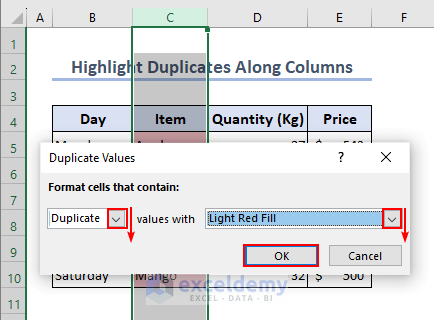 Duplicate values dialog box