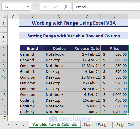 Setting range with variable row and columns in VBA