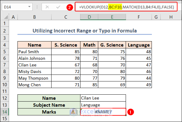 error in range in formula in Excel