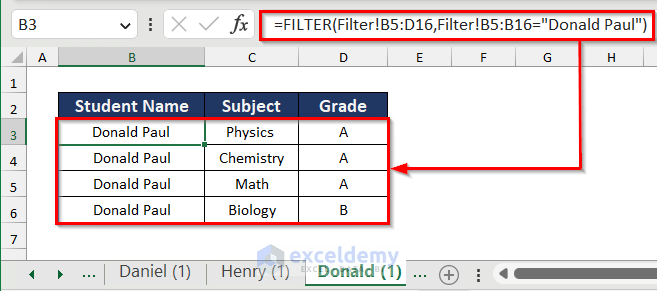 Using FILTER function to get data for “Donald Paul”