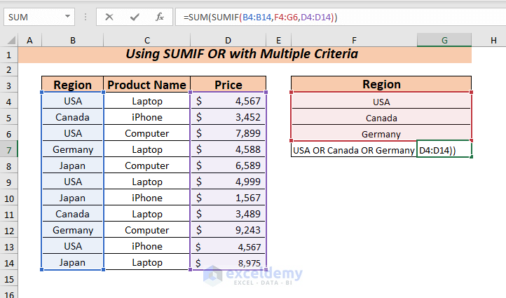 Using SUMIF OR with Multiple Criteria