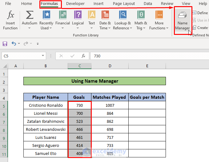 Name a group of cells using name manager
