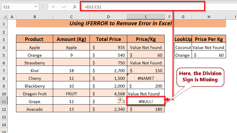 Using the IFERROR Function to Remove Error