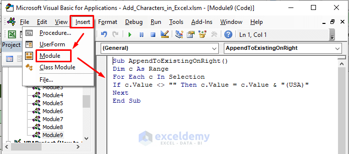 Method 5: VBA to Add Specified Character to All Cells