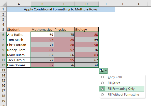 conditional formatting to multiple rows