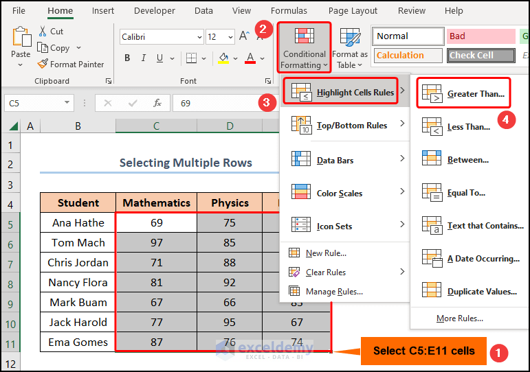Selecting conditional formatting, highlight cell rules and choosing greater than