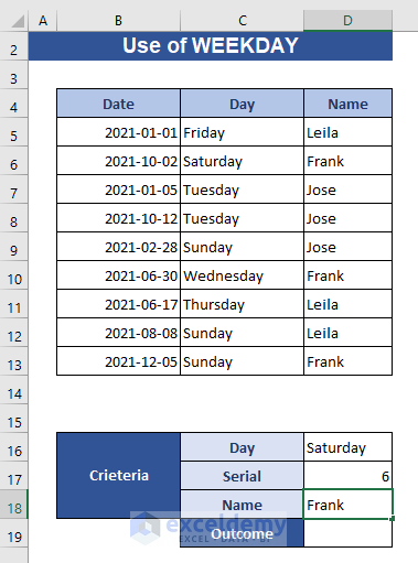 Combine WEEKDAY Function With Others in Excel