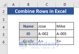 Data set for combine rows in Excel