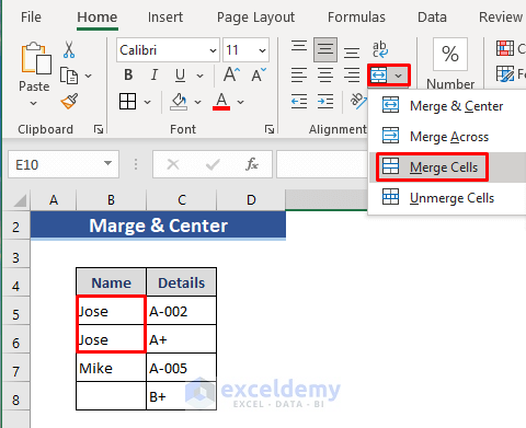 Combine Rows: Use of Merge & Center Command
