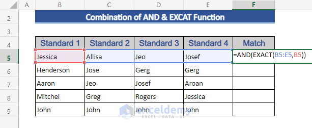 Combination of AND & EXACT Function in Excel