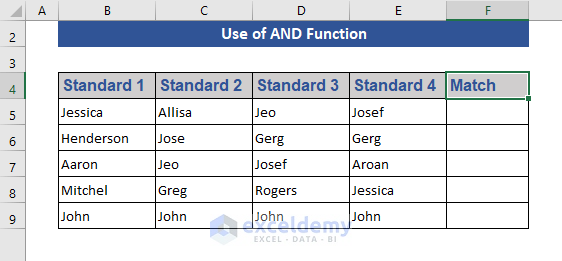 Use AND Function to Compare 4 Columns in Excel