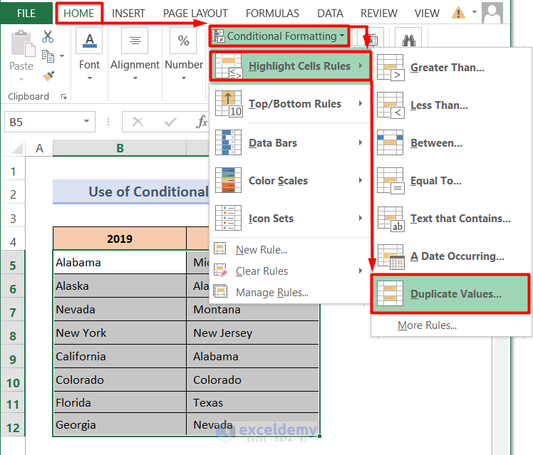 Compare Two Columns in Excel (Conditional Formatting with Built-in Rules)