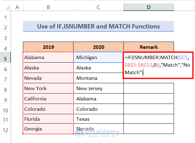 Compare Two Columns in Excel (IF + ISNUMBER + MATCH)