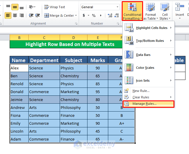 Highlight Row Using Different color Based on Multiple Texts Using Conditional Formatting