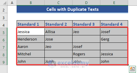 Range of cell B5:E9 is now selected which included the duplicate words