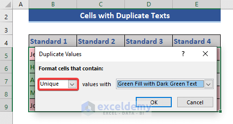 Setting unique in the duplicate value dialog box, we are going to highlight the cells that contains the duplicate values 