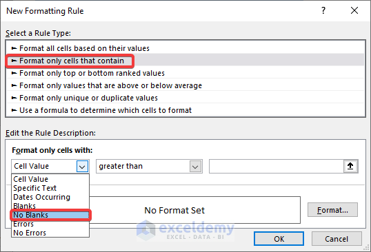 In the New formatting rule dialog box, rules are being set up.